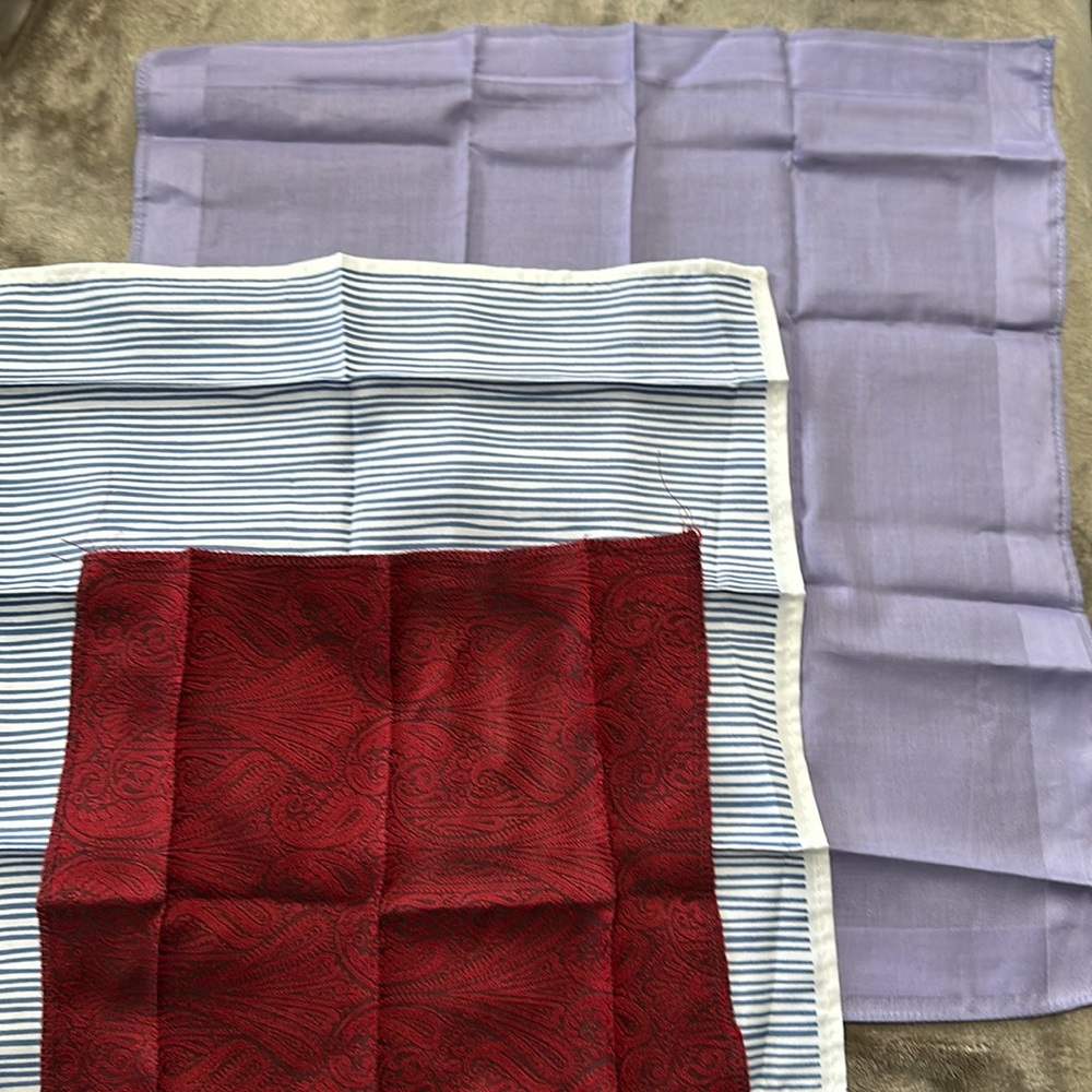 3 Men’s Pocket Squares. Small red and regular size blue with white and purple.